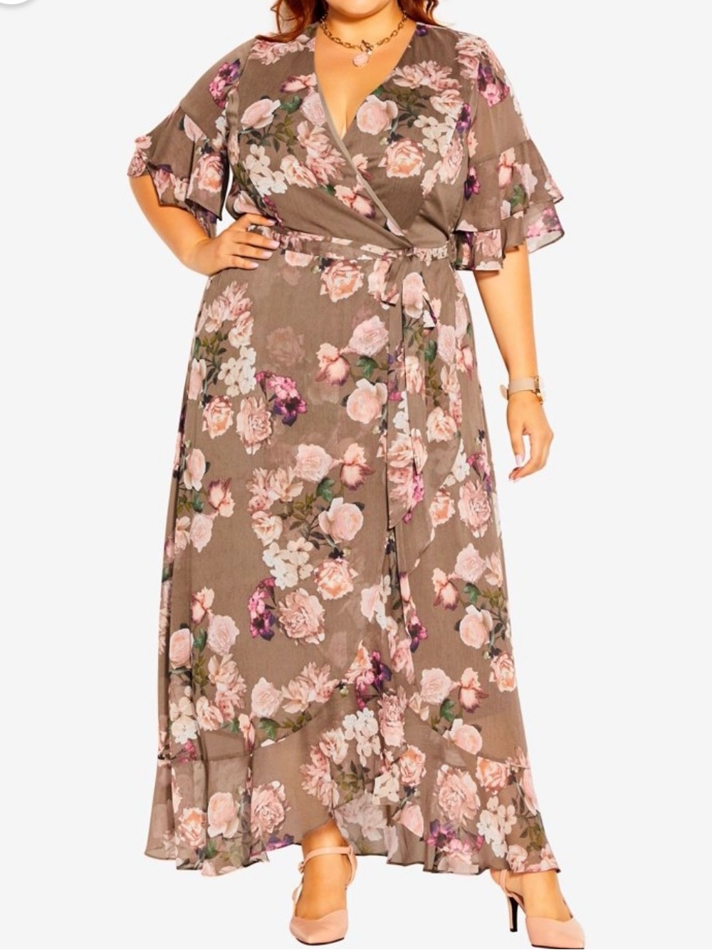 City Chic Size 24 Brown Floral Print, Faux Wrap Kimono Sleeve Maxi Dress, Lined